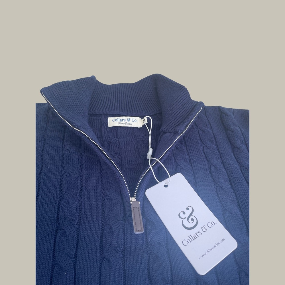 Collars & Co Kensington Navy Cable Knit Quarter Zip Sweater Mens Medium NWT - Picture 4 of 6
